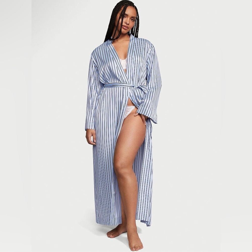 Victoria's Secret Blue Crescent Logo Stripe Dressing Gown